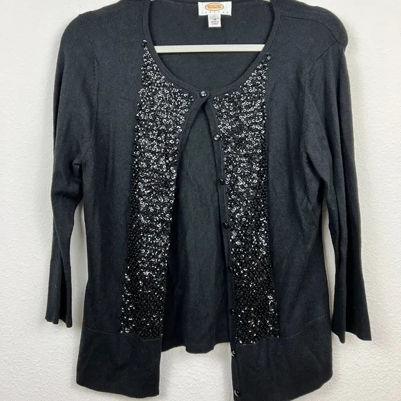 EUC Talbots Black Silk Cashmere Sequin Sweater Cardigan Size Medium