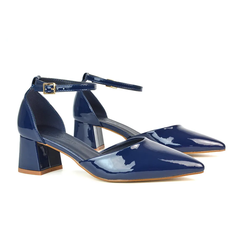 Evie Low Block Heel Pointed Toe Ankle Strap Court Shoes in Black Patent