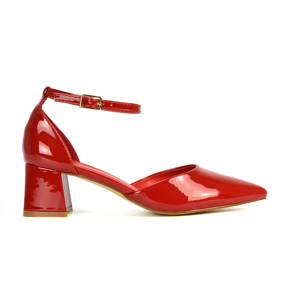 Evie Low Block Heel Pointed Toe Ankle Strap Court Shoes in Black Patent