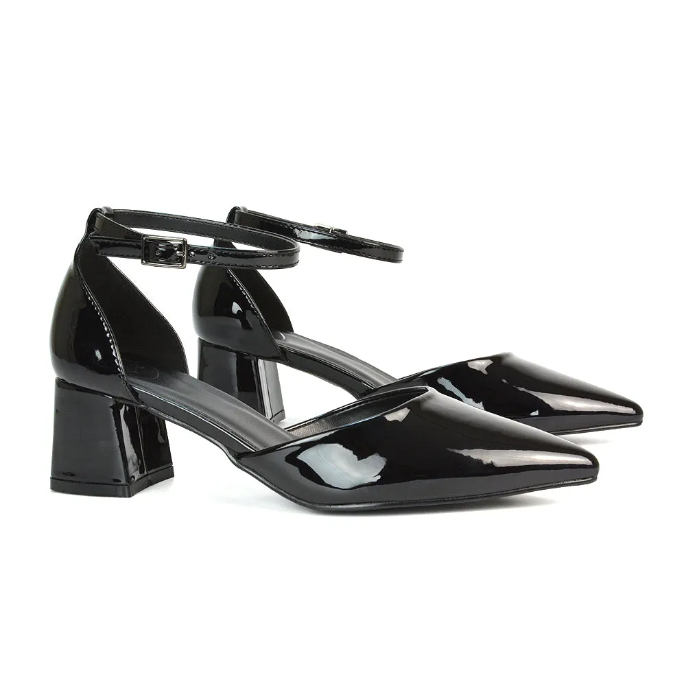 Evie Low Block Heel Pointed Toe Ankle Strap Court Shoes in Black Patent