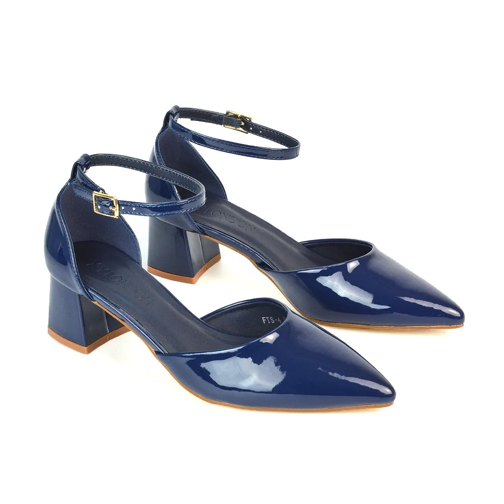 Evie Low Block Heel Pointed Toe Ankle Strap Court Shoes in Black Patent