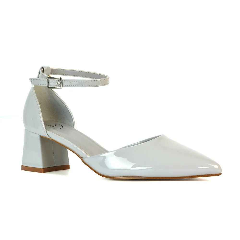 Evie Low Block Heel Pointed Toe Ankle Strap Court Shoes in Black Patent