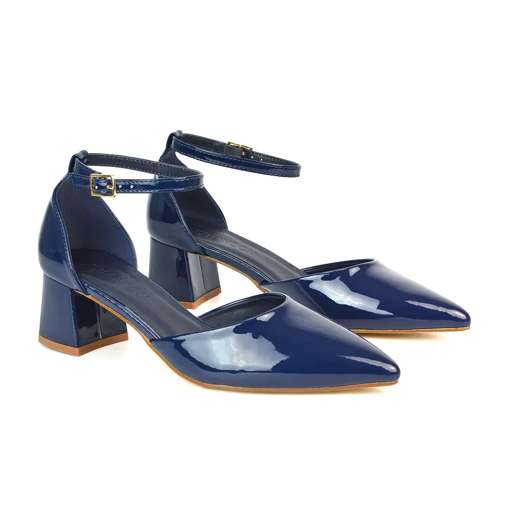 Evie Low Block Heel Pointed Toe Ankle Strap Court Shoes in Black Patent