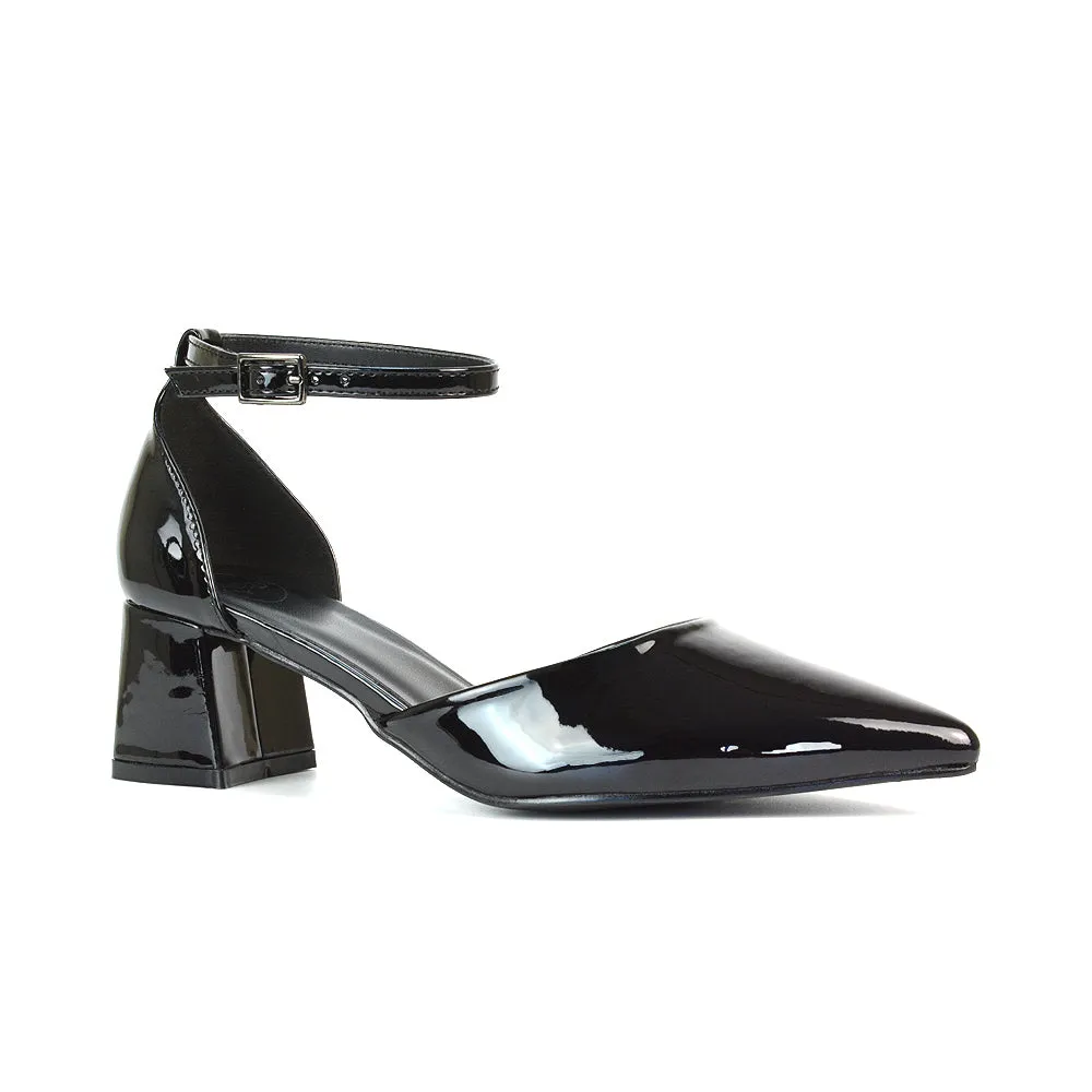 Evie Low Block Heel Pointed Toe Ankle Strap Court Shoes in Black Patent