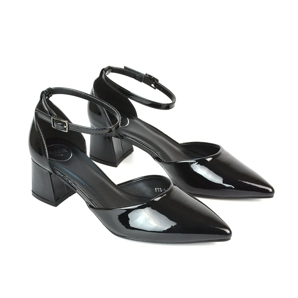 Evie Low Block Heel Pointed Toe Ankle Strap Court Shoes in Black Patent