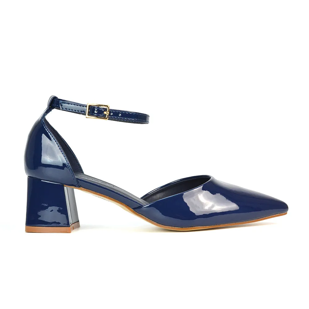 Evie Low Block Heel Pointed Toe Ankle Strap Court Shoes in Black Patent