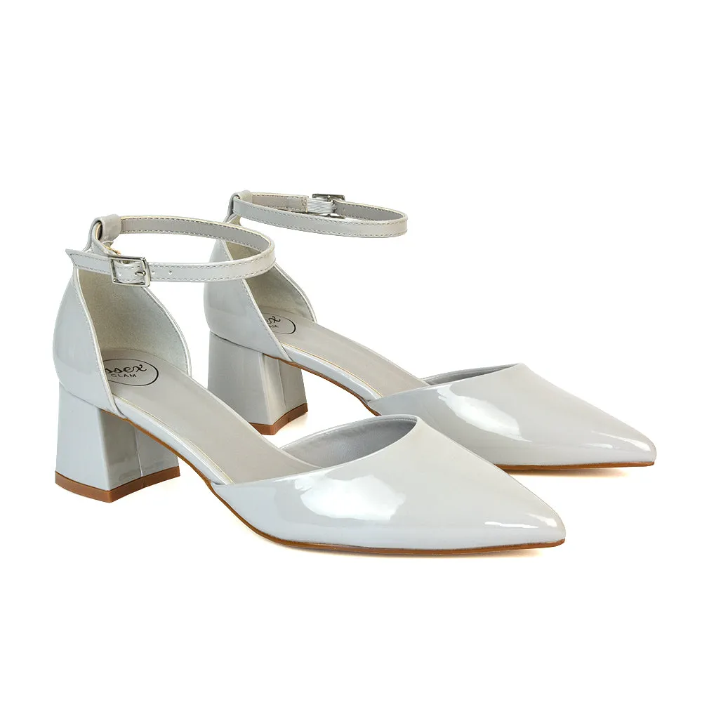 Evie Low Block Heel Pointed Toe Ankle Strap Court Shoes in Black Patent
