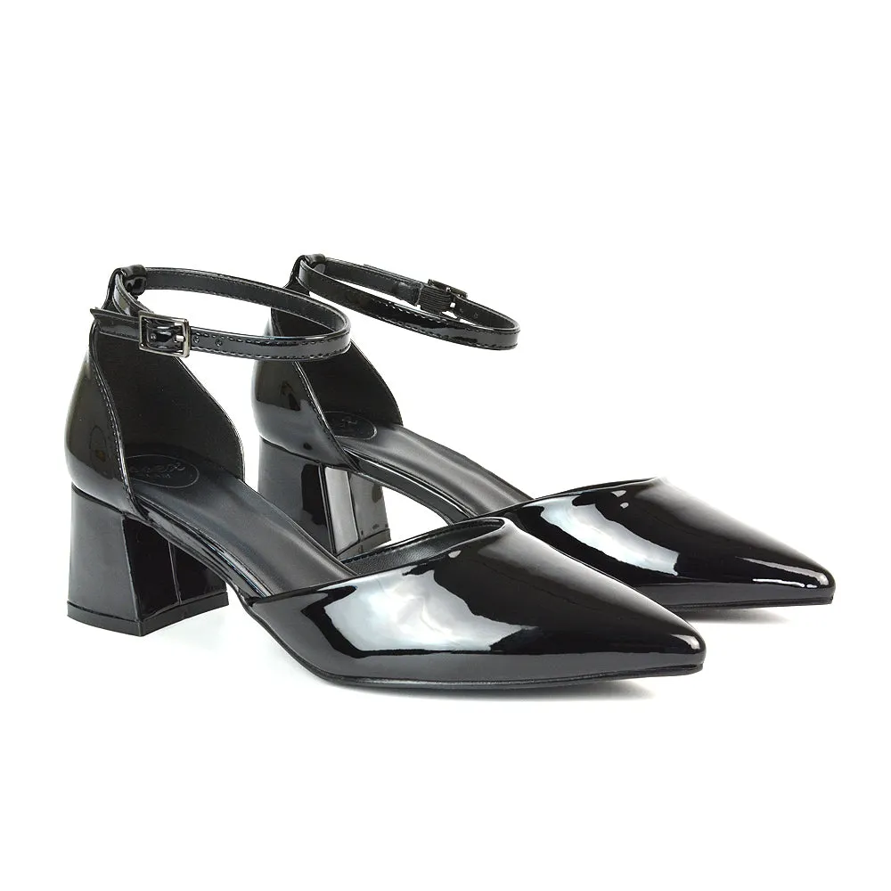 Evie Low Block Heel Pointed Toe Ankle Strap Court Shoes in Black Patent