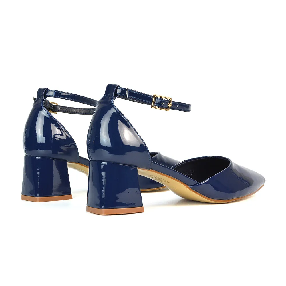 Evie Low Block Heel Pointed Toe Ankle Strap Court Shoes in Black Patent