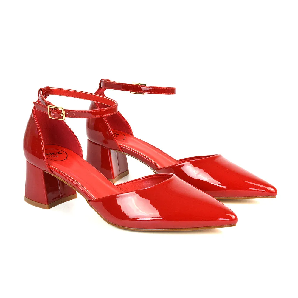 Evie Low Block Heel Pointed Toe Ankle Strap Court Shoes in Black Patent