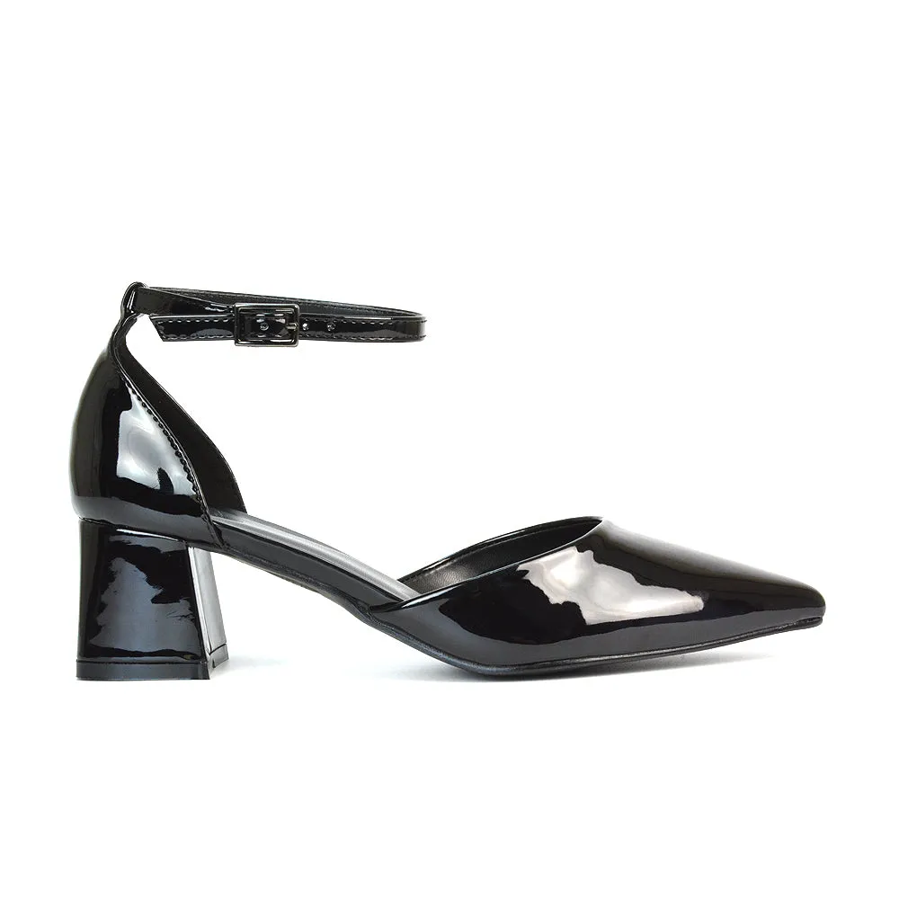 Evie Low Block Heel Pointed Toe Ankle Strap Court Shoes in Black Patent