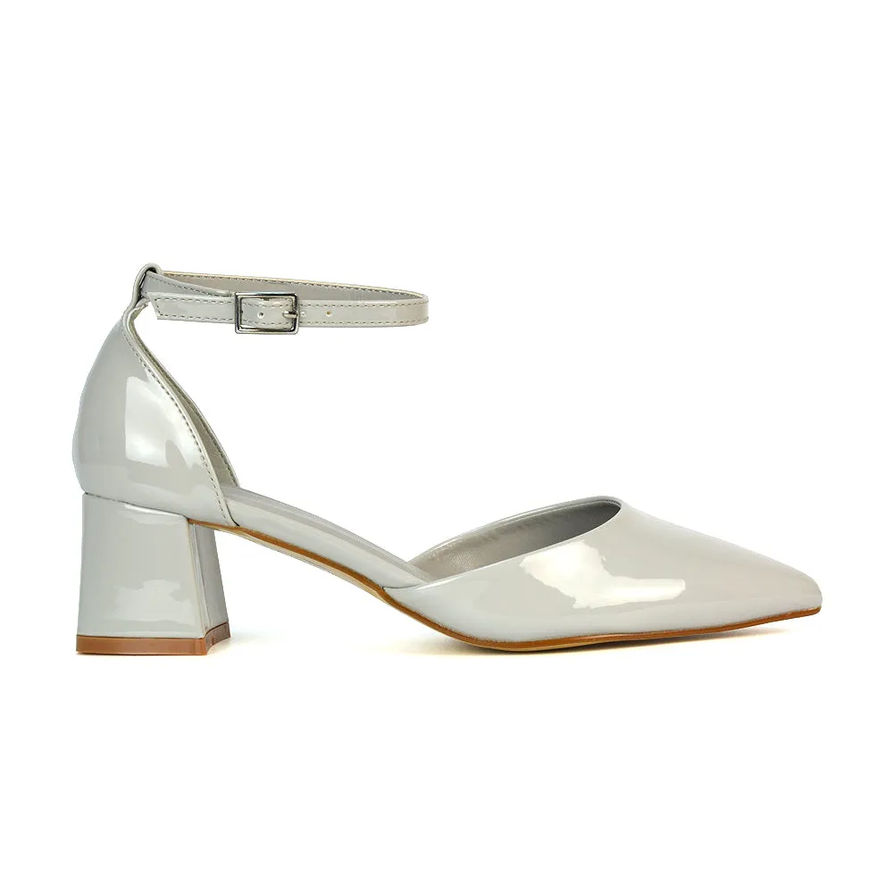 Evie Low Block Heel Pointed Toe Ankle Strap Court Shoes in Black Patent