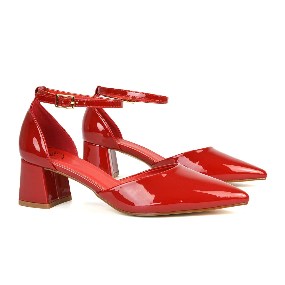 Evie Low Block Heel Pointed Toe Ankle Strap Court Shoes in Black Patent