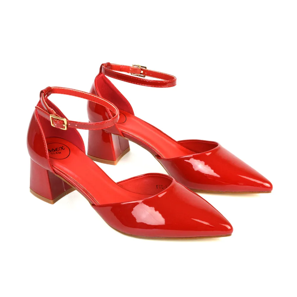 Evie Low Block Heel Pointed Toe Ankle Strap Court Shoes in Black Patent