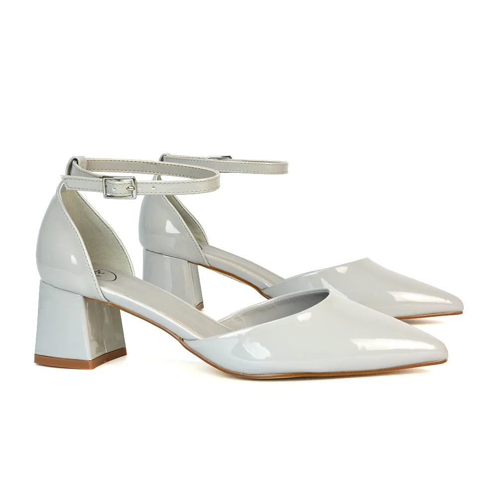 Evie Low Block Heel Pointed Toe Ankle Strap Court Shoes in Black Patent