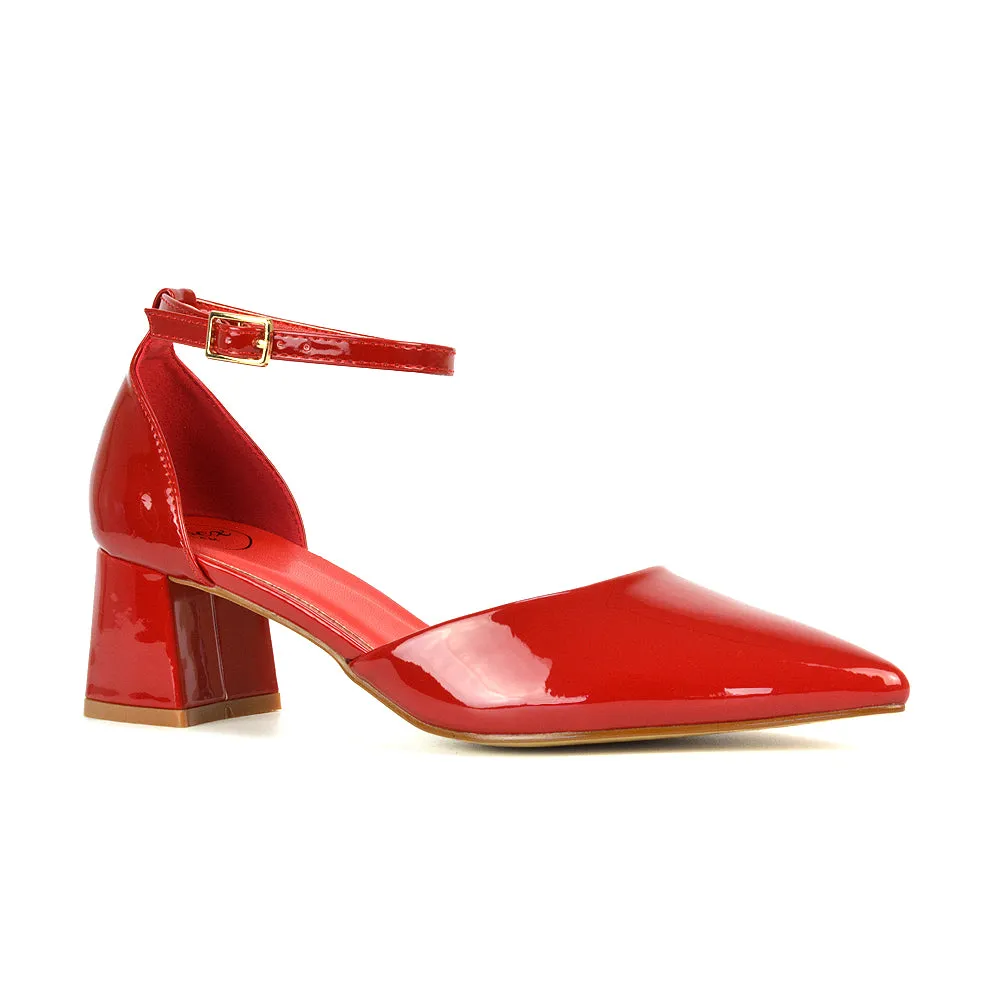 Evie Low Block Heel Pointed Toe Ankle Strap Court Shoes in Black Patent