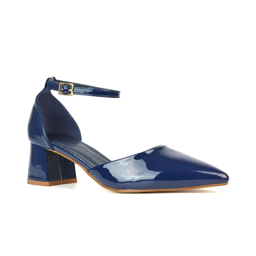 Evie Low Block Heel Pointed Toe Ankle Strap Court Shoes in Black Patent