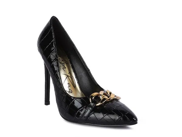 Fanfare Black Croc Stiletto Pump Heels