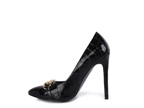 Fanfare Black Croc Stiletto Pump Heels