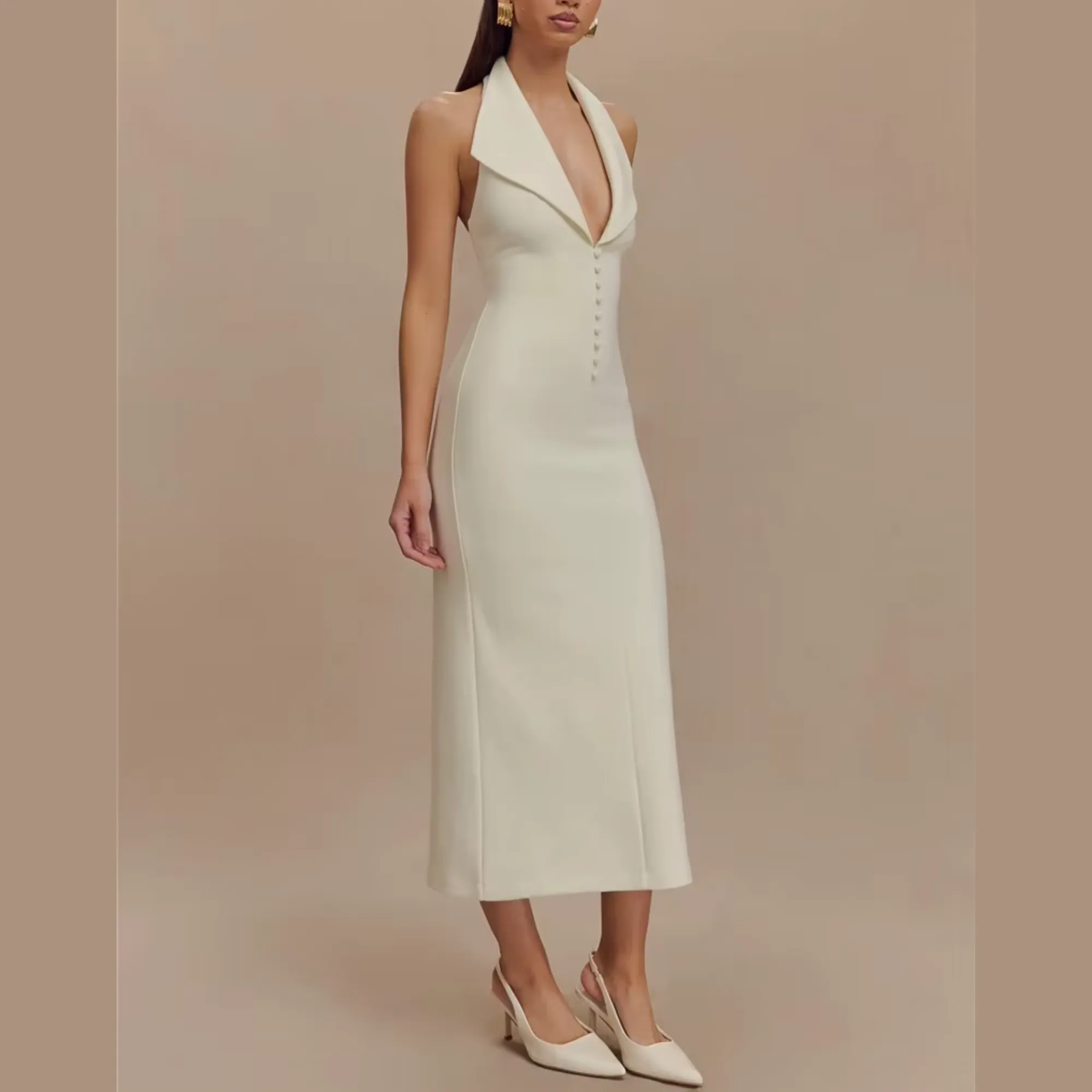 Fleur - White Deep V Halter Neck Dress