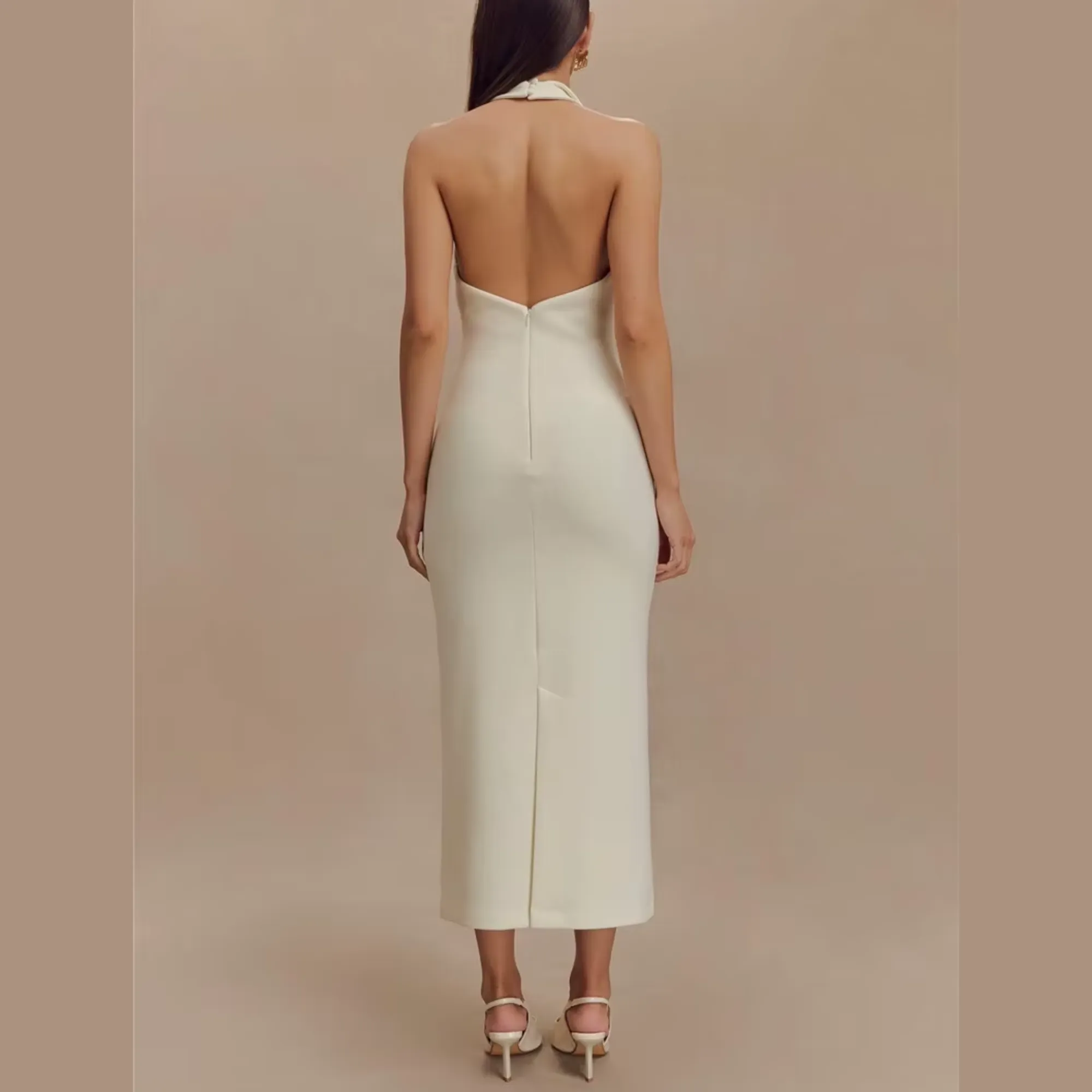 Fleur - White Deep V Halter Neck Dress