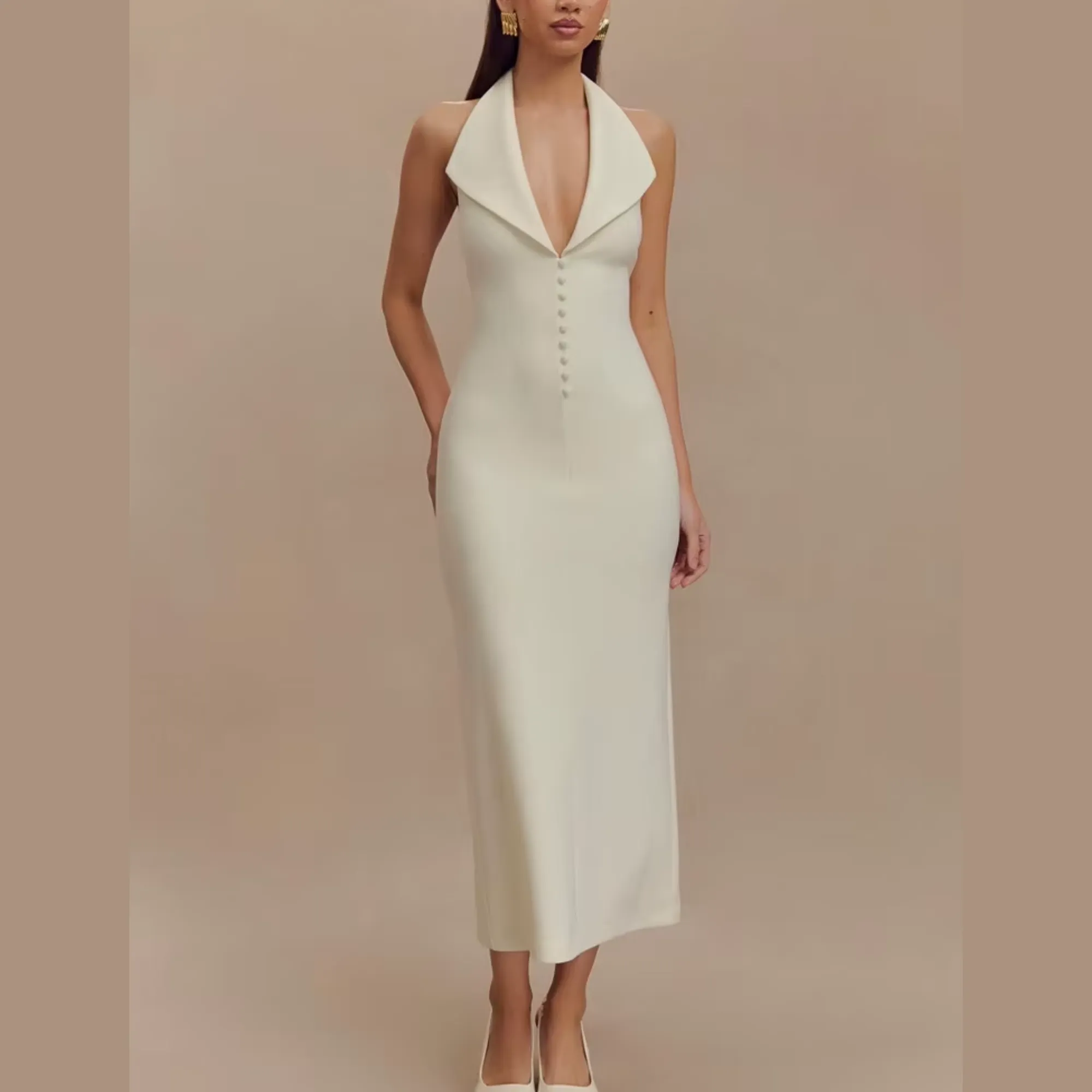 Fleur - White Deep V Halter Neck Dress