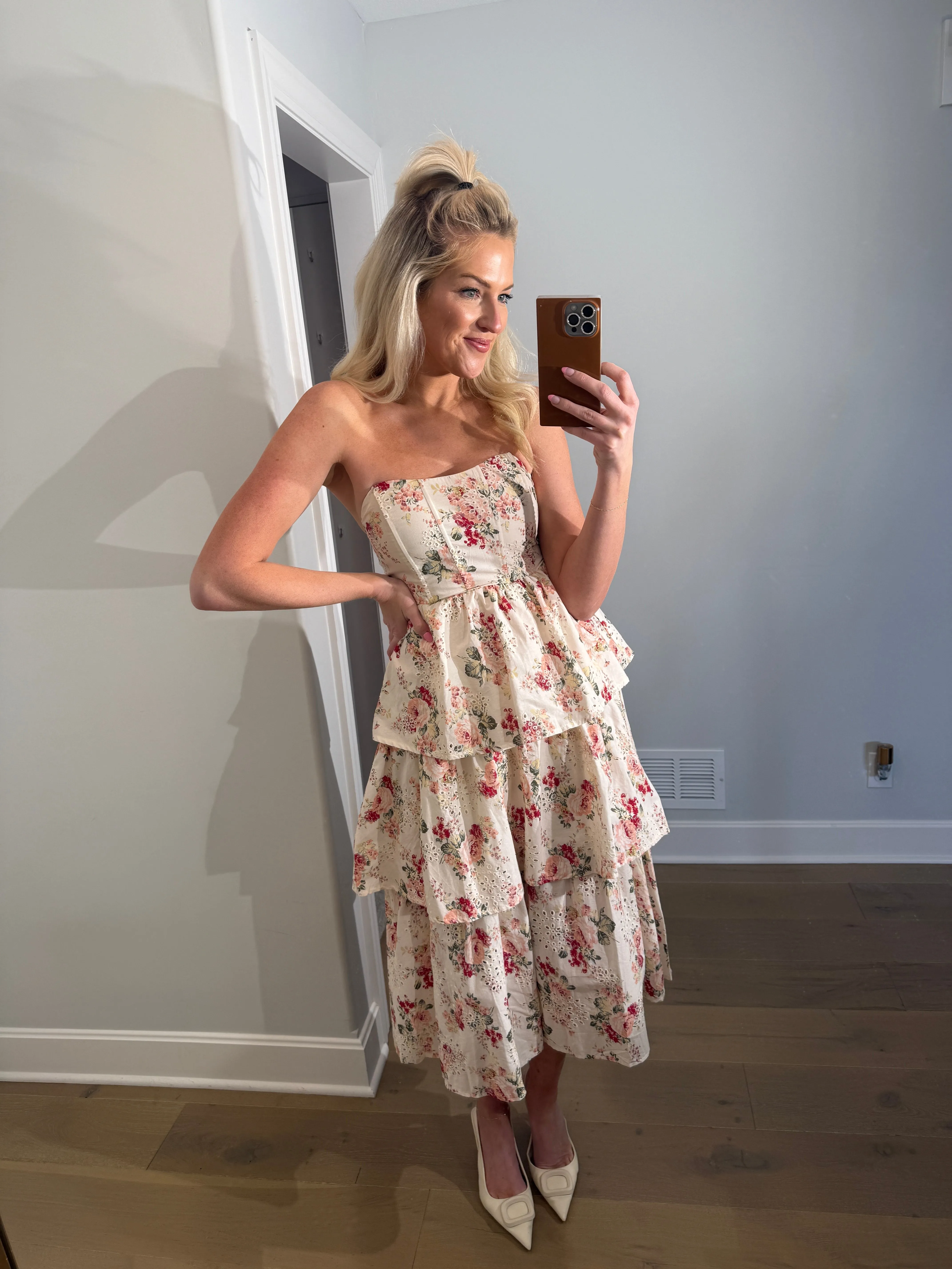 Floral Cascade Strapless Dress