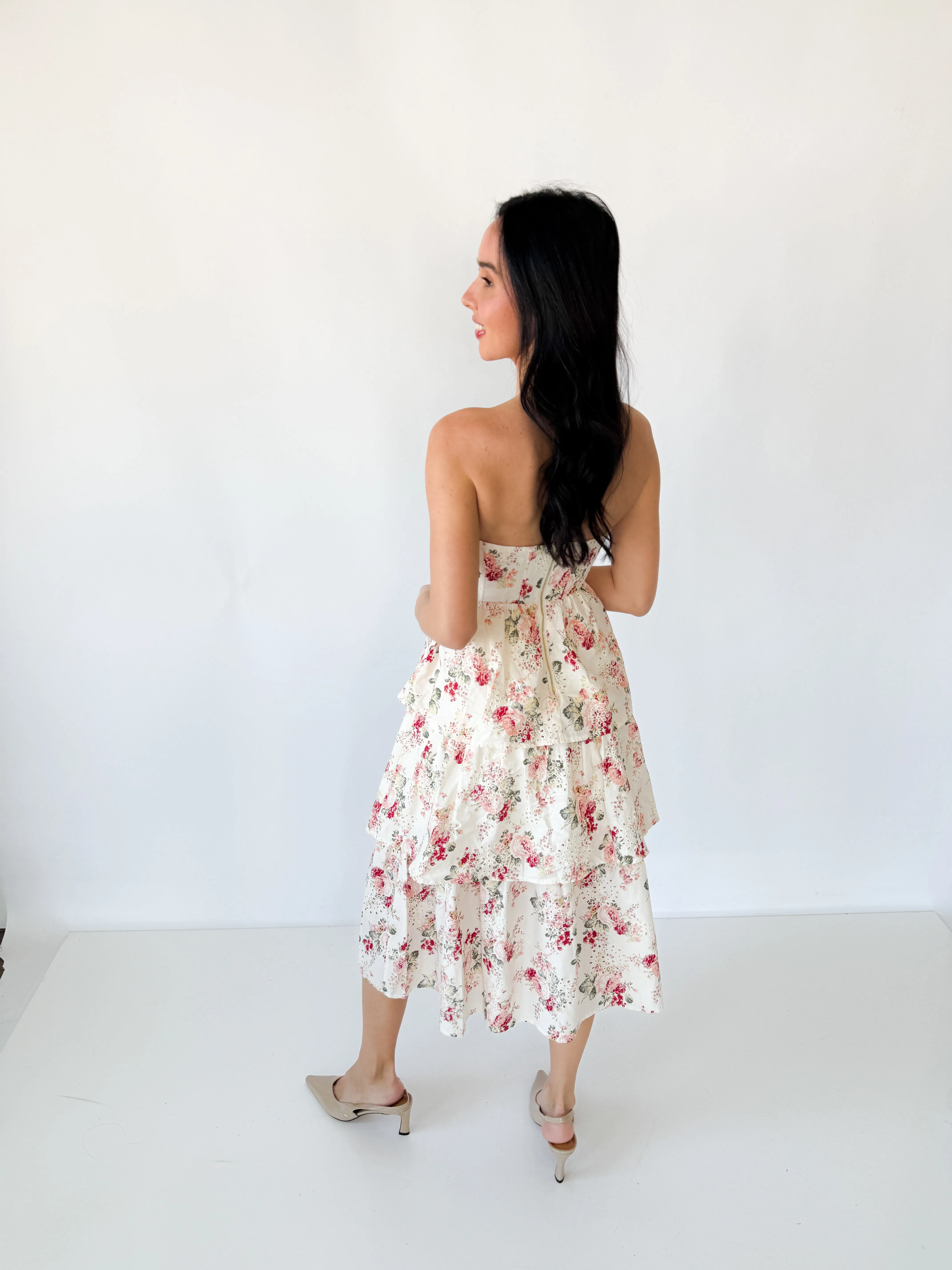 Floral Cascade Strapless Dress