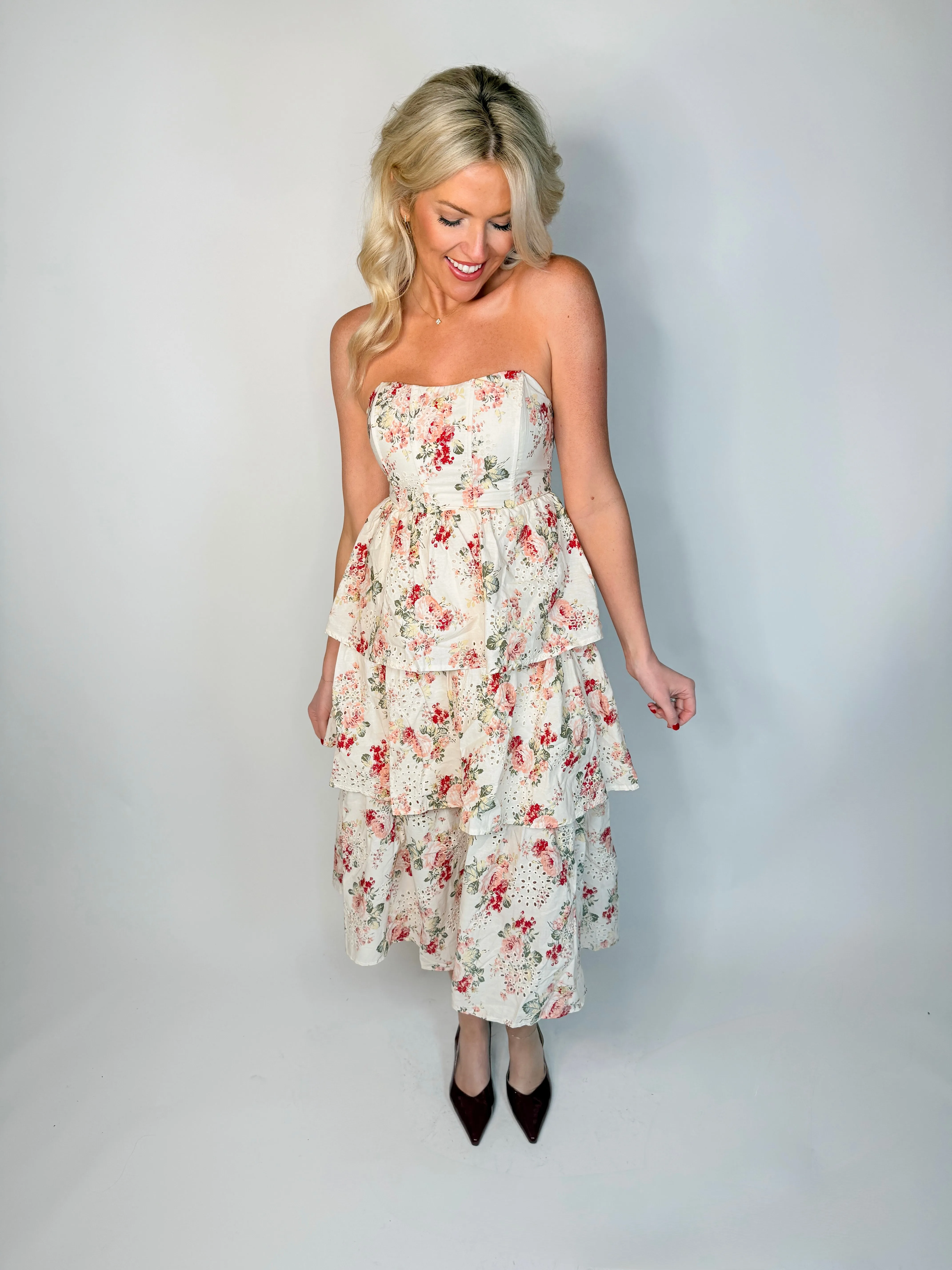 Floral Cascade Strapless Dress
