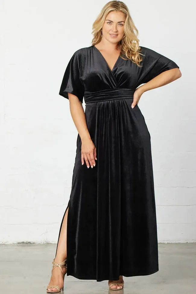 Gemina Velvet Wrap Flutter Sleeve Pocket Maxi Dress