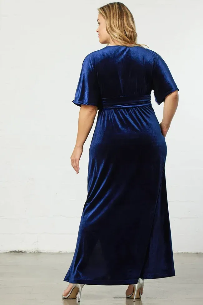 Gemina Velvet Wrap Flutter Sleeve Pocket Maxi Dress