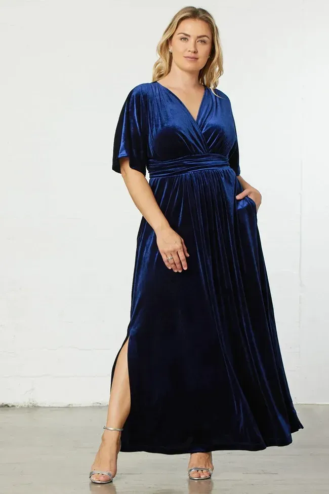 Gemina Velvet Wrap Flutter Sleeve Pocket Maxi Dress