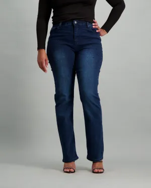 Ladies Dark Blue Straight Jeans with Black Bling