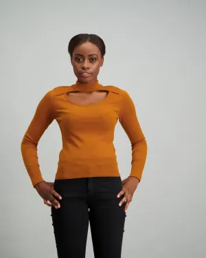 Ladies Keyhole Pullover with Button Detail - Mustard
