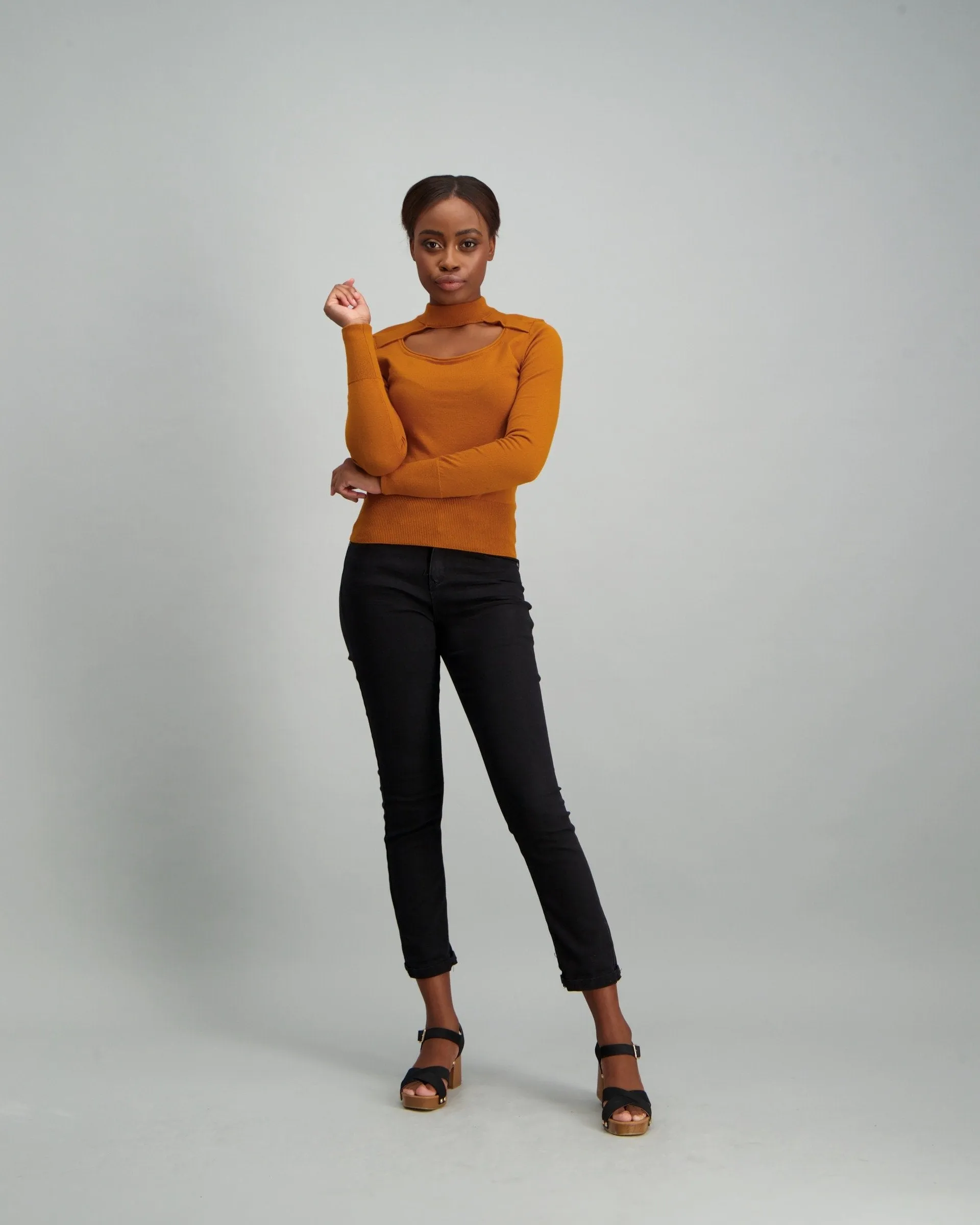 Ladies Keyhole Pullover with Button Detail - Mustard
