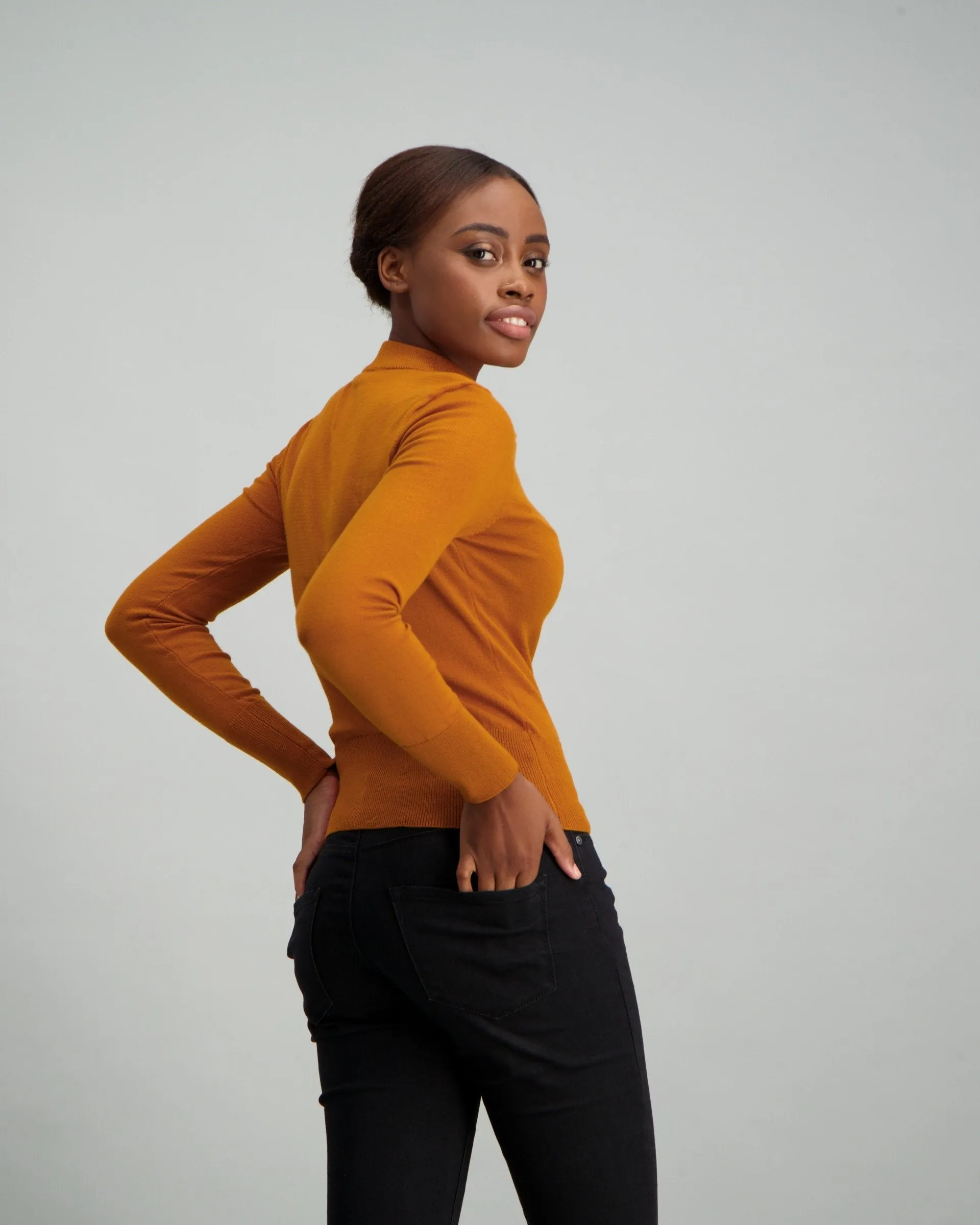 Ladies Keyhole Pullover with Button Detail - Mustard