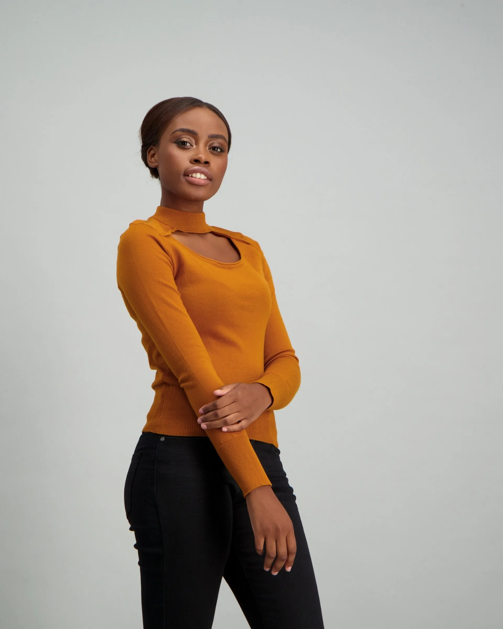 Ladies Keyhole Pullover with Button Detail - Mustard
