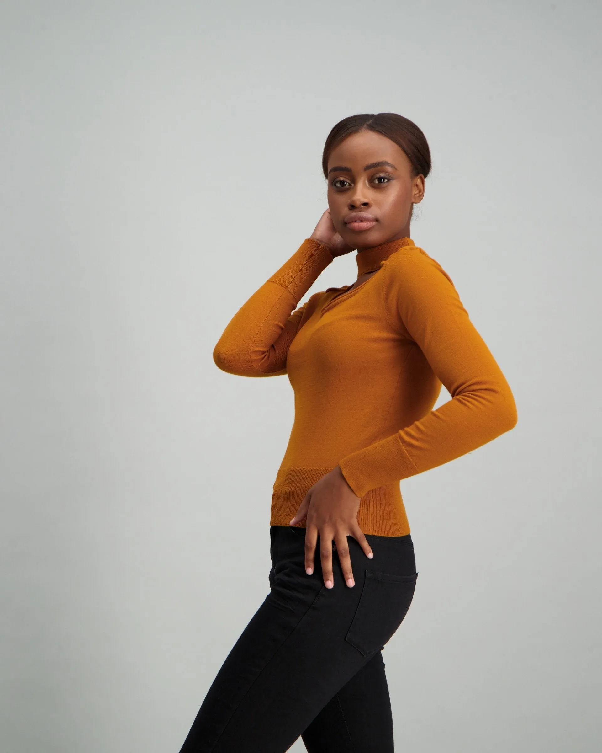 Ladies Keyhole Pullover with Button Detail - Mustard