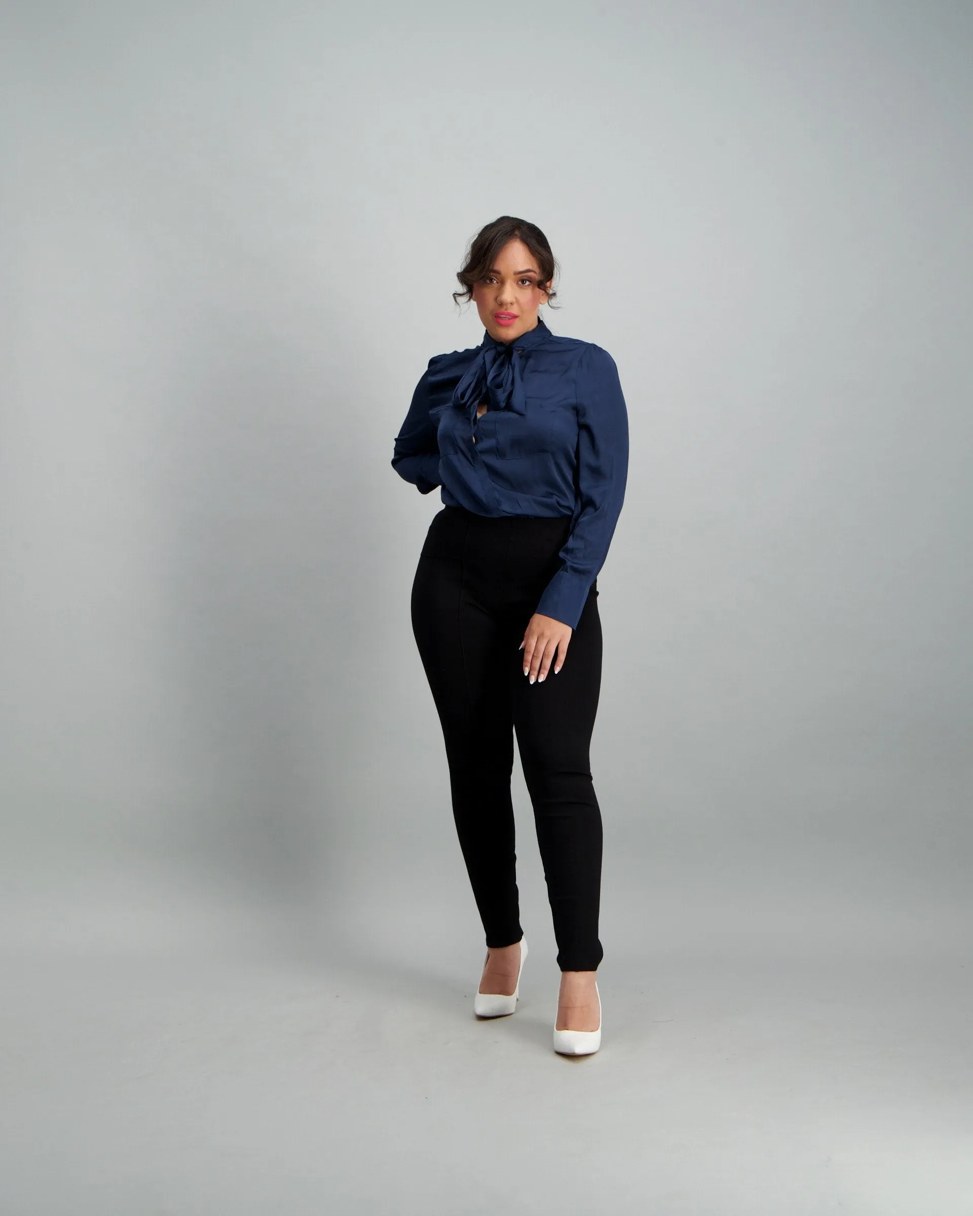 Ladies Satin Kitty Bow Blouse - Navy