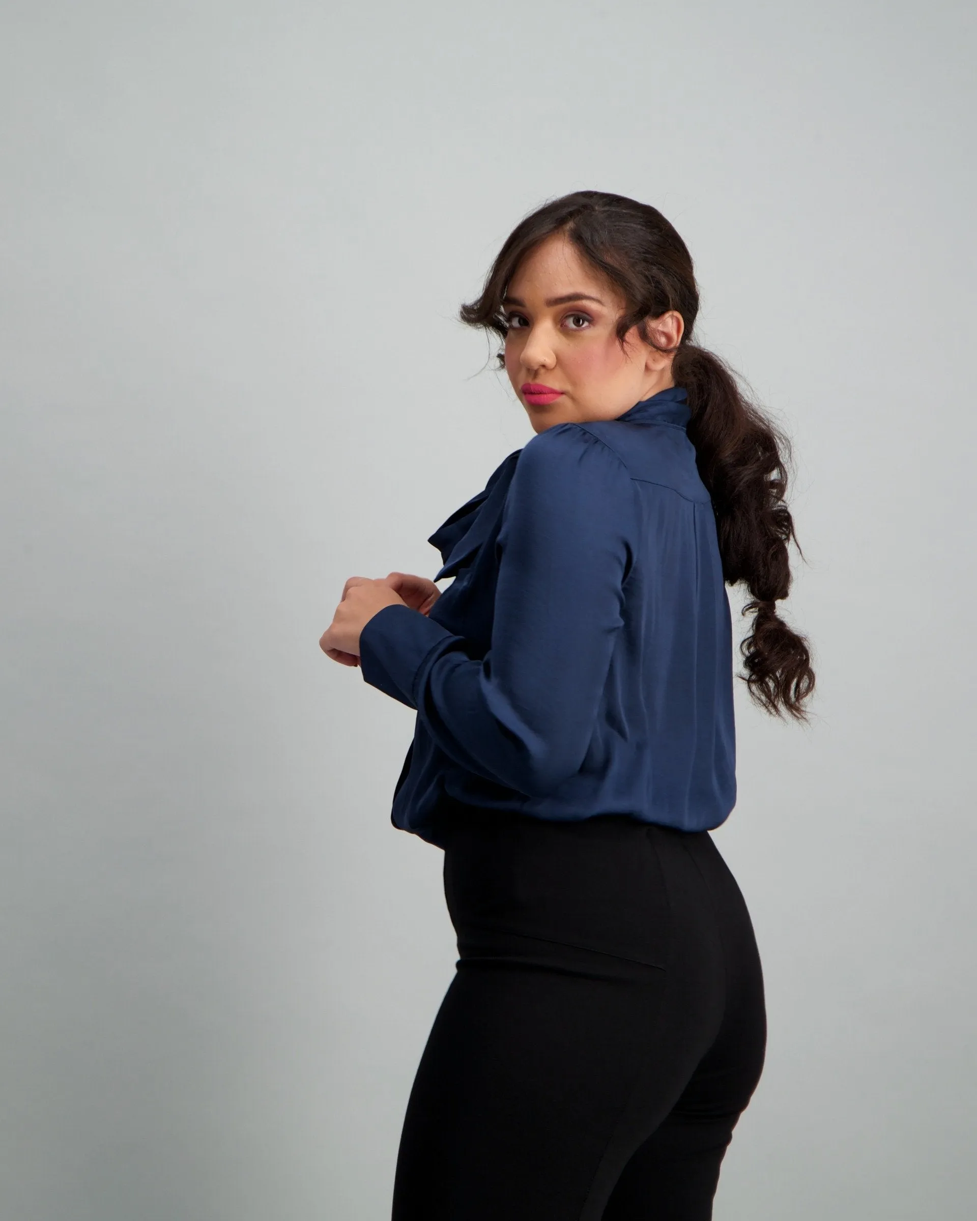 Ladies Satin Kitty Bow Blouse - Navy