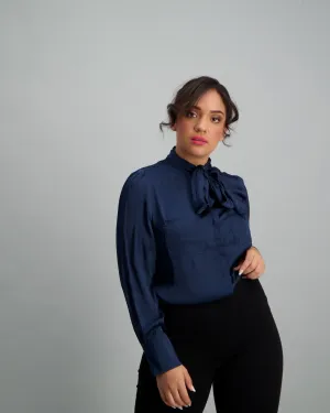 Ladies Satin Kitty Bow Blouse - Navy