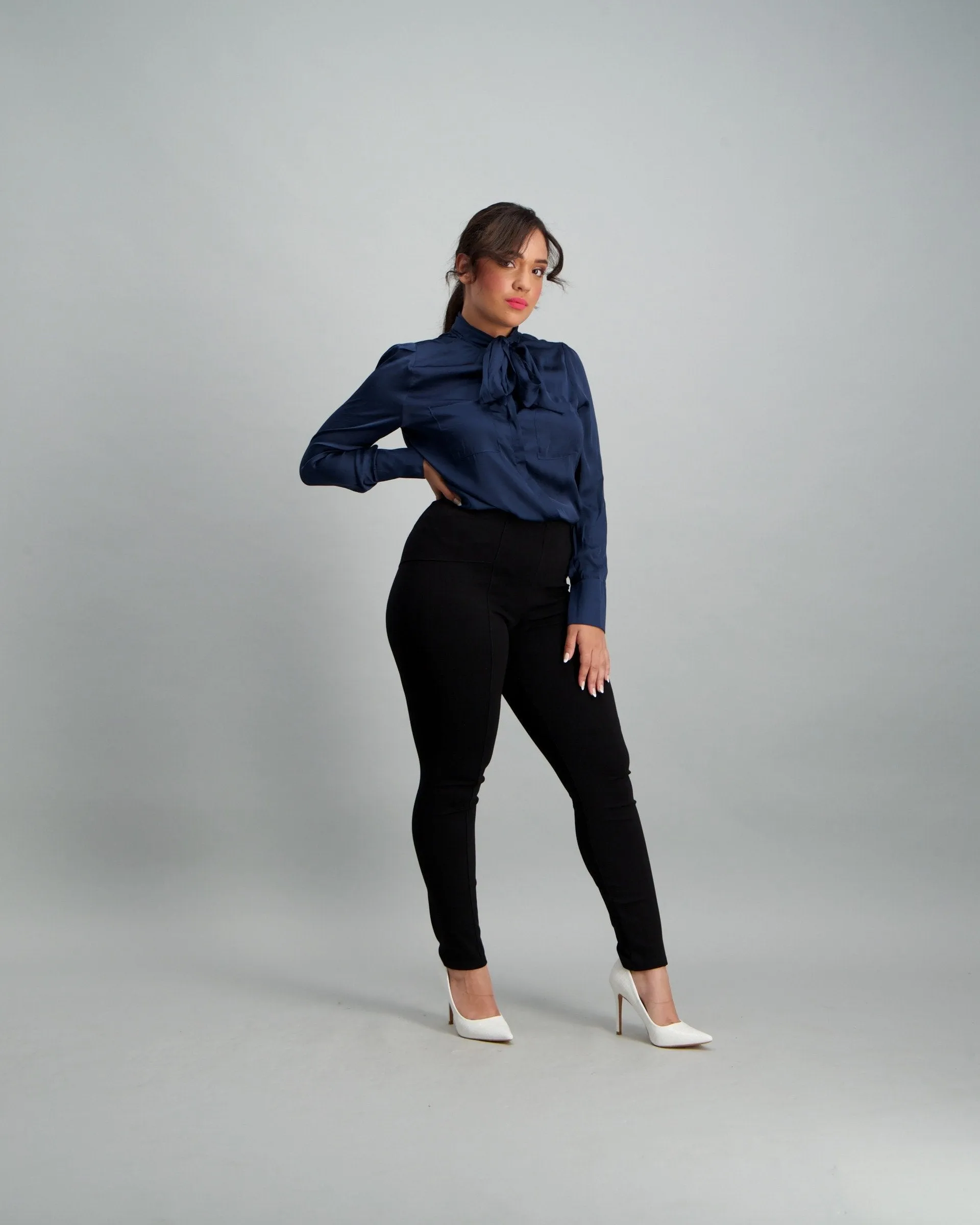 Ladies Satin Kitty Bow Blouse - Navy