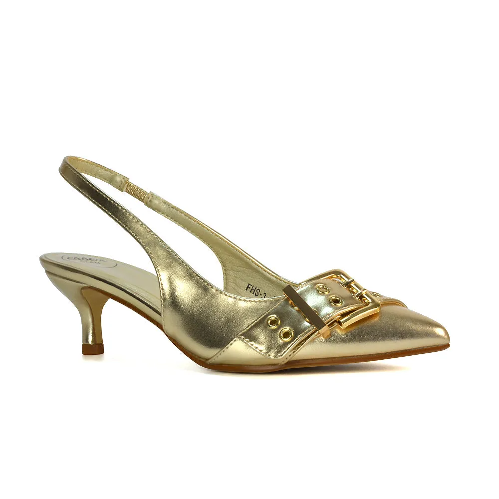 Lexi Buckle Pointed Toe Slingback Low Kitten Heels in Nude Patent