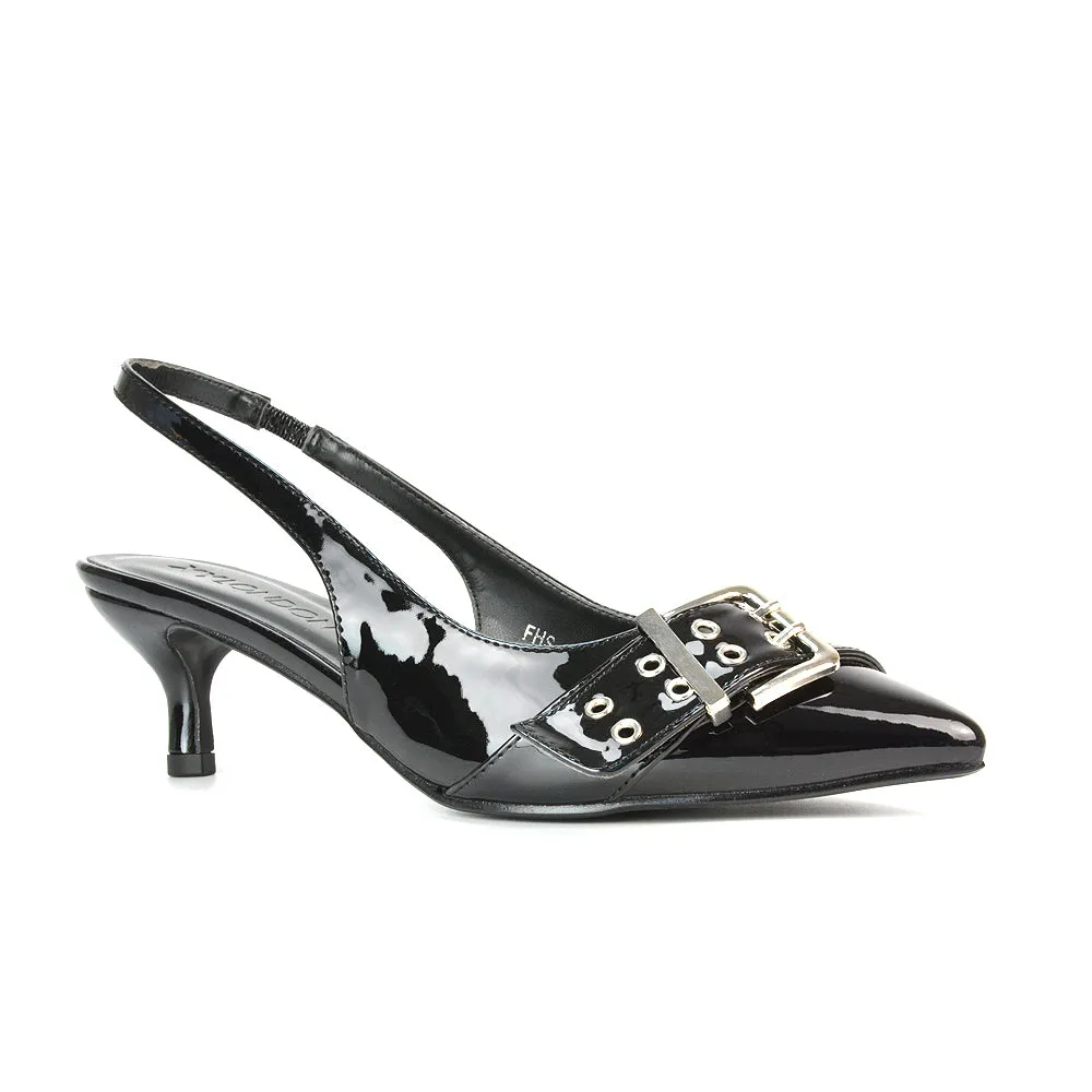 Lexi Buckle Pointed Toe Slingback Low Kitten Heels in Nude Patent