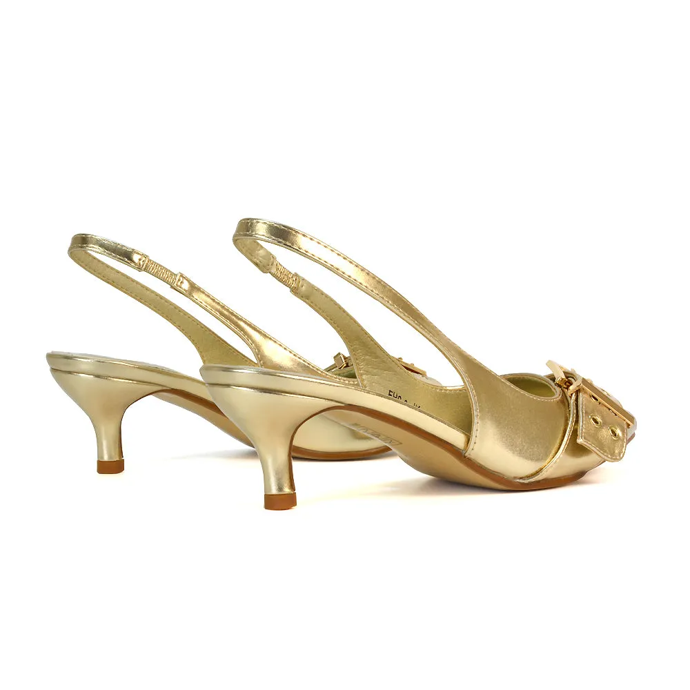 Lexi Buckle Pointed Toe Slingback Low Kitten Heels in Nude Patent