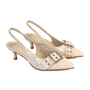 Lexi Buckle Pointed Toe Slingback Low Kitten Heels in Nude Patent