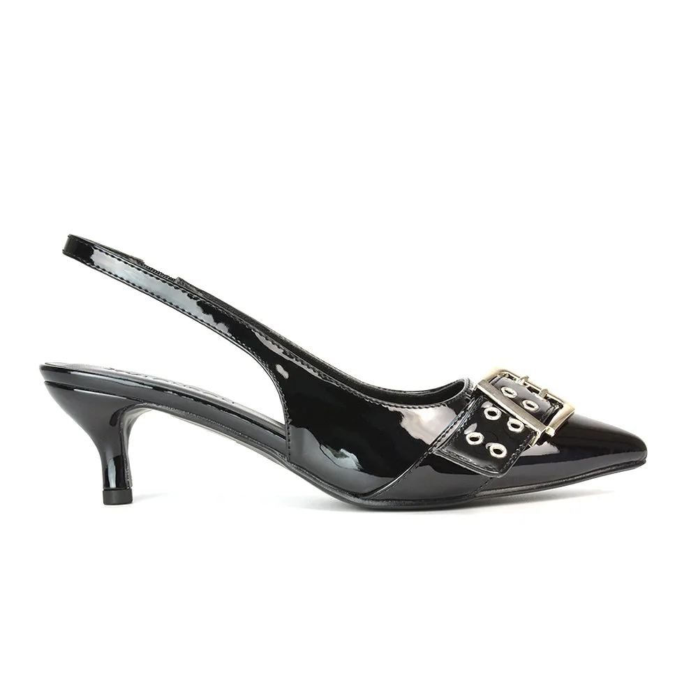 Lexi Buckle Pointed Toe Slingback Low Kitten Heels in Nude Patent