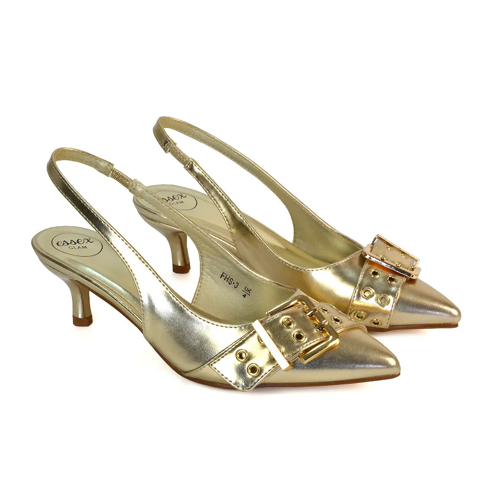 Lexi Buckle Pointed Toe Slingback Low Kitten Heels in Nude Patent