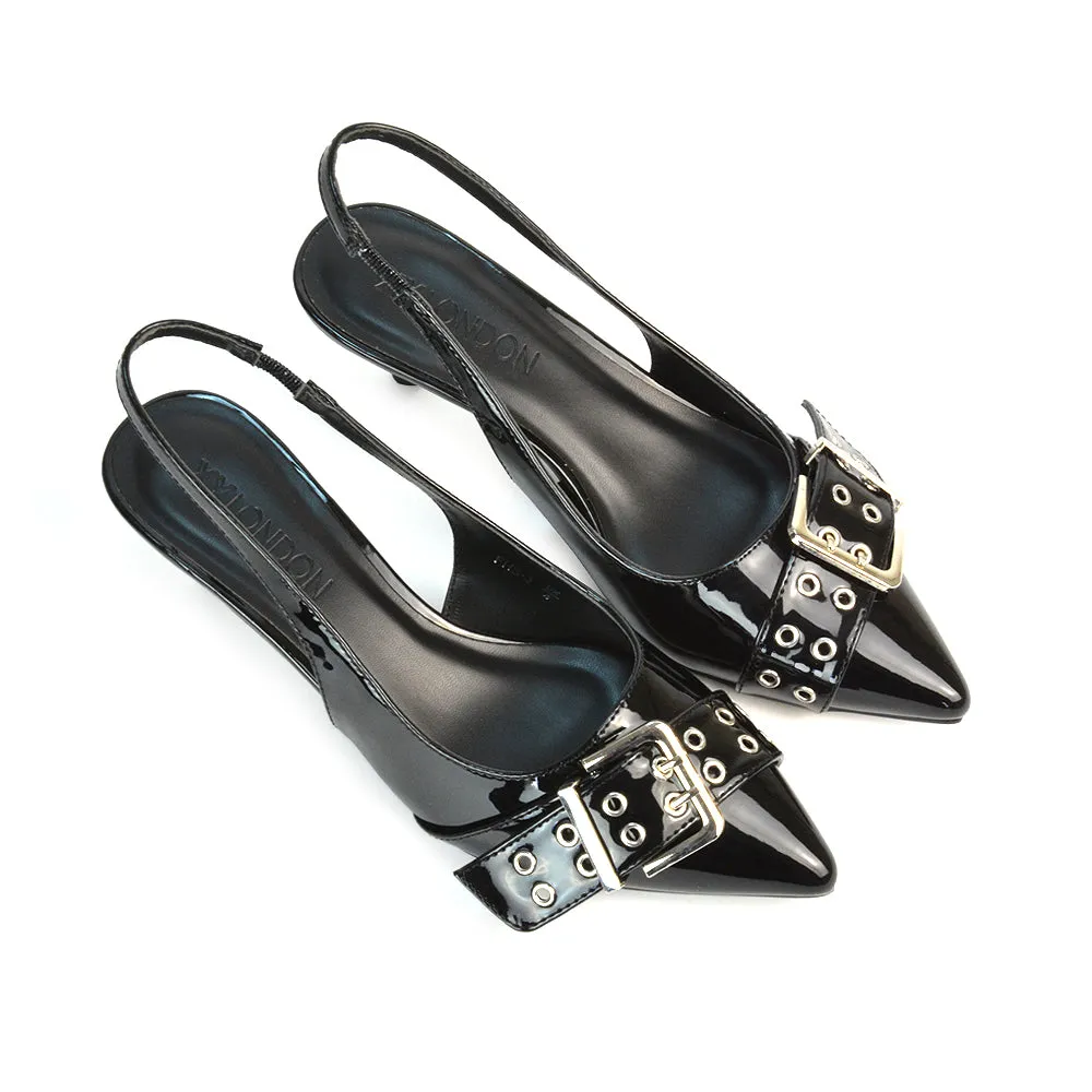 Lexi Buckle Pointed Toe Slingback Low Kitten Heels in Nude Patent