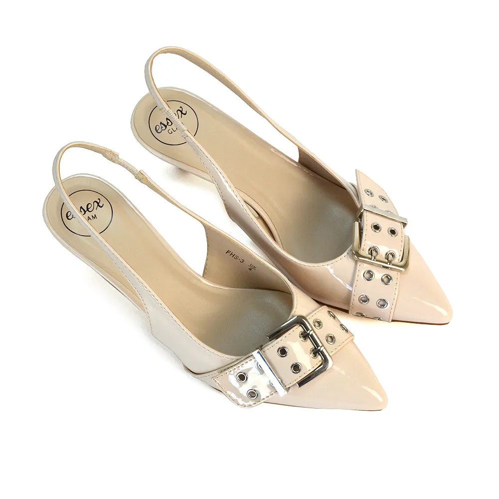 Lexi Buckle Pointed Toe Slingback Low Kitten Heels in Nude Patent